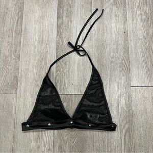 Black Mesh Rave Studded Satin Trim Halter Triangle Bikini Top Women's Size M